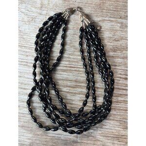 Vintage Black Oval Obsidian Multi Strand Beaded Necklace With Silver Ornate Clas